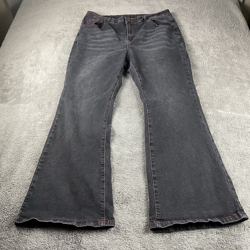 Romwe Straight Flare Leg Jeans Mens 36x28 Black Butterfly Red Stitching Mid Rise